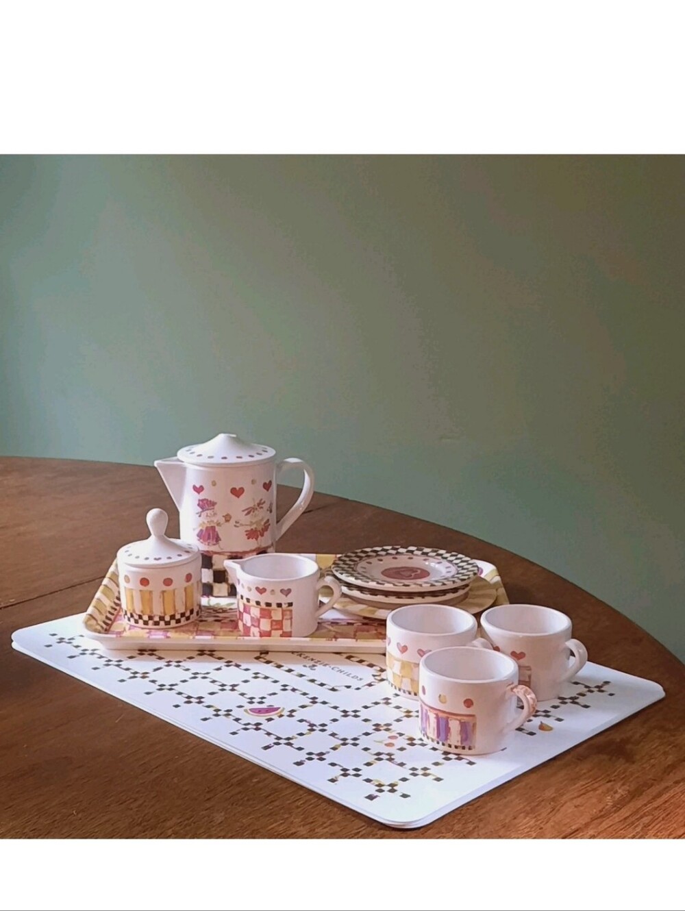 MacKenzie-Childs Childrens Tea Party Set Melamine Cups Plates Teapot Tray Mats